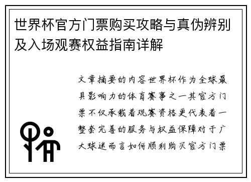 世界杯官方门票购买攻略与真伪辨别及入场观赛权益指南详解