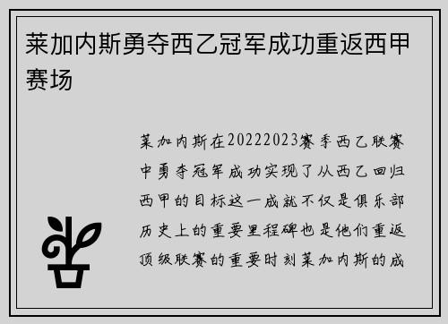 莱加内斯勇夺西乙冠军成功重返西甲赛场